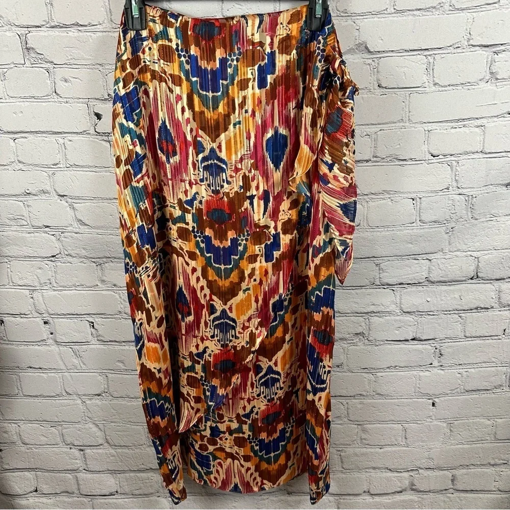 Vince Camuto Printed Midi Skirt Tie Front Wrap Metallic Threads Chili Oil L NWT